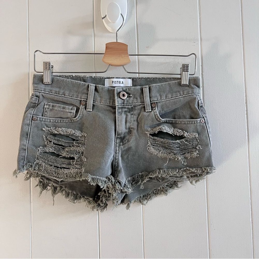 Pistola Distressed Denim Shorts Gray-Green